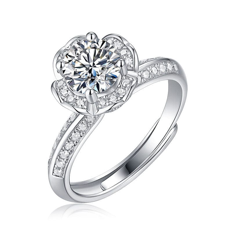 Silverbene 1 Carat (Certificate Included) Beautiful Moissanite CZ Flower 925 Sterling Silver Adjustable Ring