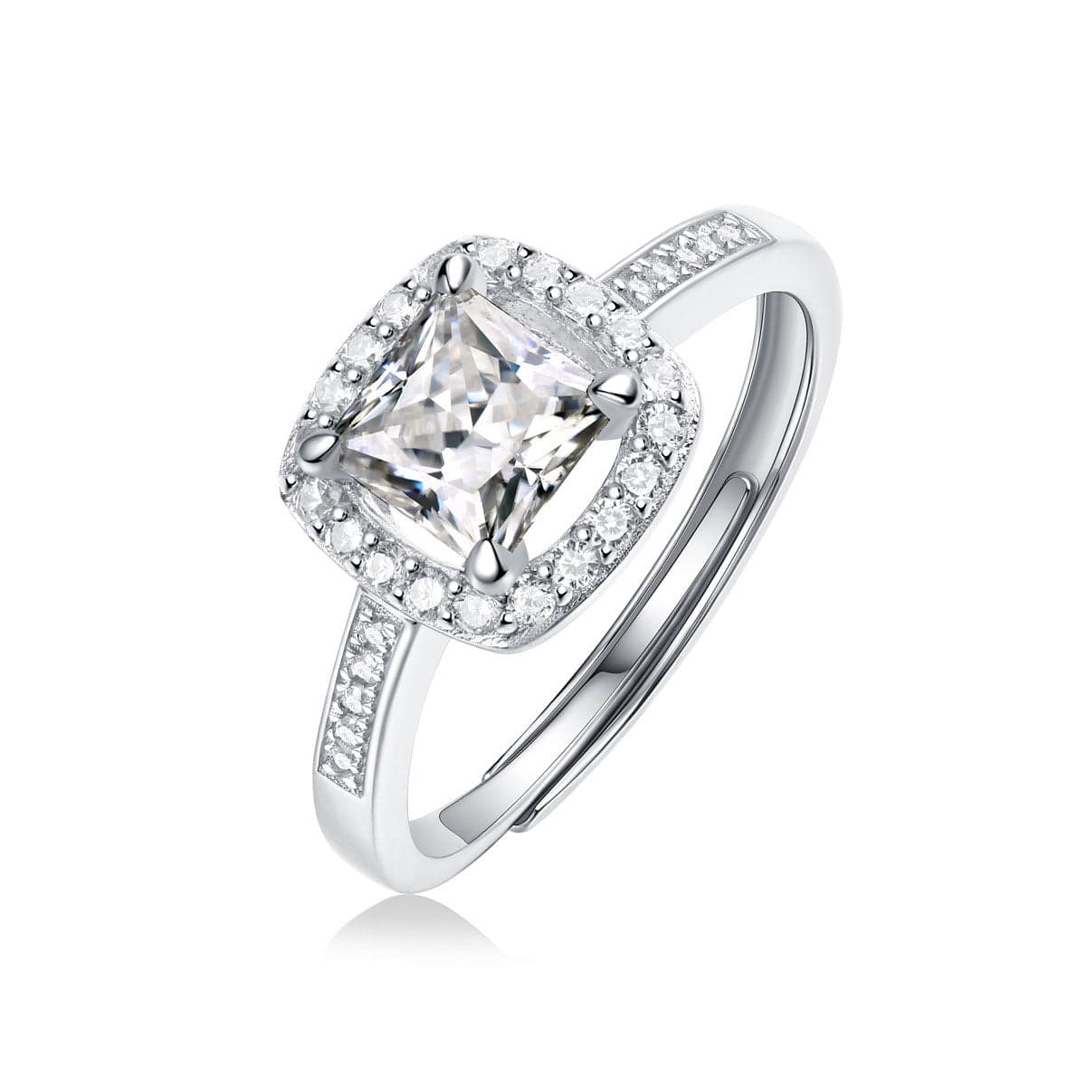 1ct Moissanite Square Framed Adjustable Engagement Ring in 925 Sterling Silver on a white background