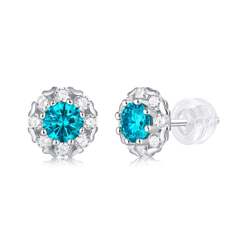 Image of the 0.5ct Blue Round Cut Moissanite Earrings in 925 Sterling Silver in white background side view