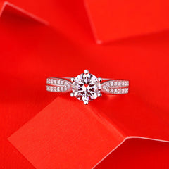 1ct Moissanite Frosted Band Adjustable Engagement Ring in 925 Sterling Silver on a red background top view