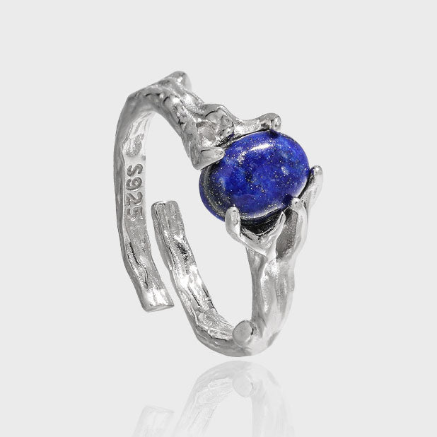 Natural Lapis Lazuli Textured Adjustable Ring in 925 Sterling Silver