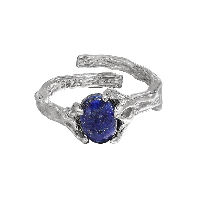 Natural Lapis Lazuli Textured Adjustable Ring in 925 Sterling Silver