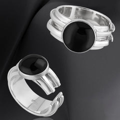 Image of the Black Agate Unisex Adjustable Ring in 925 Sterling Silver in multiple angles