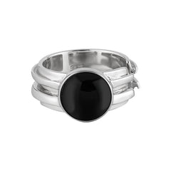 Image of the Black Agate Unisex Adjustable Ring in 925 Sterling Silver in a white background