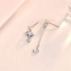 Silverbene Asymmetry CZ Planet Crescent Moon Star 925 Sterling Silver Dangling Earrings