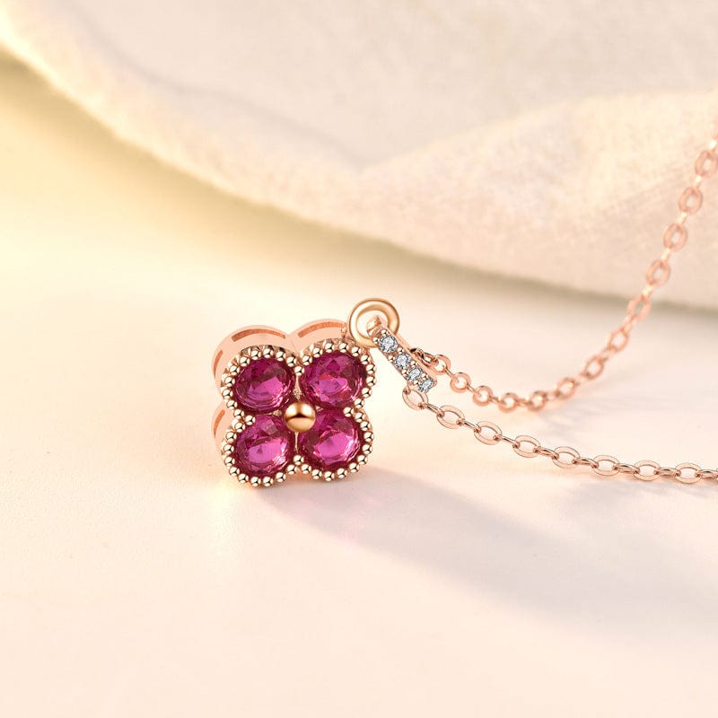 Silverbene Beautiful Pink CZ Four Leaf Clover 925 Sterling Silver Necklace