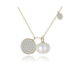 Silverbene CZ Disc Half-Round Natural Pearl 925 Silver Necklace