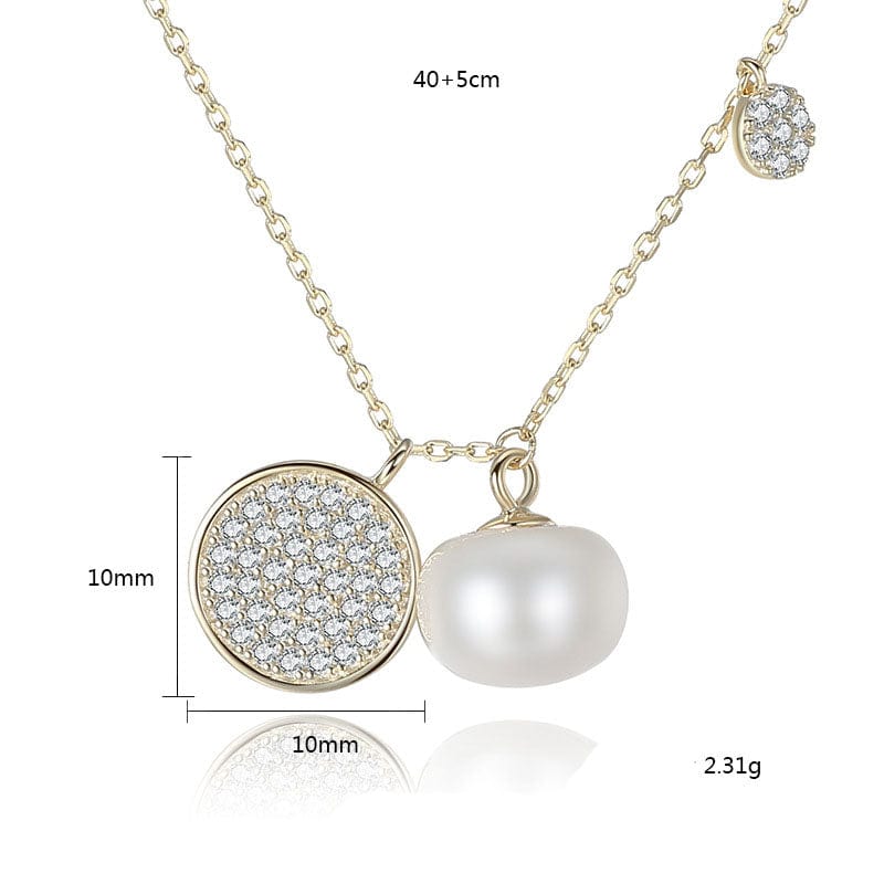 Silverbene CZ Disc Half-Round Natural Pearl 925 Silver Necklace