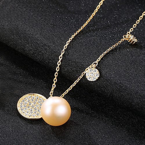 Silverbene CZ Disc Half-Round Natural Pearl 925 Silver Necklace