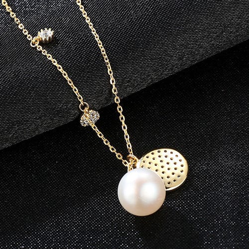 Silverbene CZ Disc Half-Round Natural Pearl 925 Silver Necklace