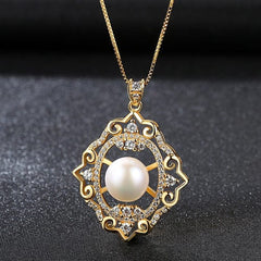 Silverbene CZ Hollow Flowers Natural Pearl 925 Silver Necklace