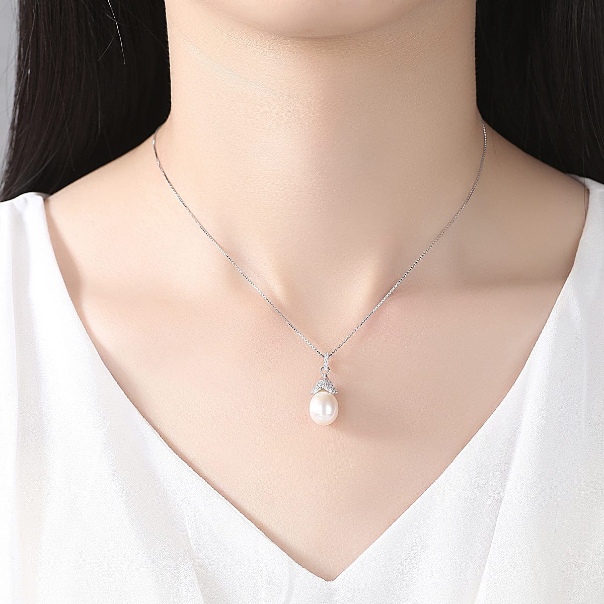 Silverbene CZ Waterdrop Natural Pearl 925 Silver Necklace