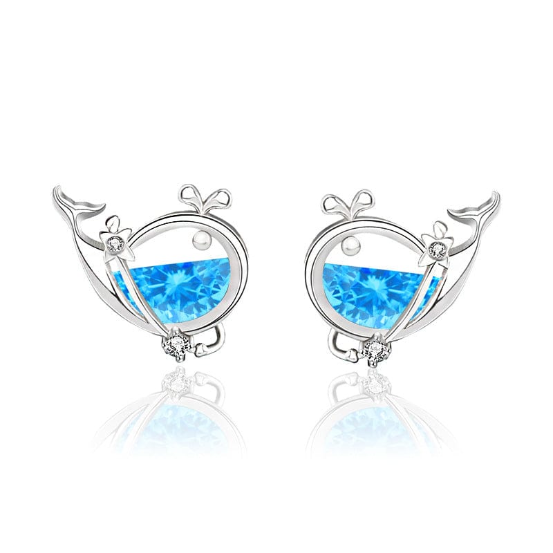 Silverbene earrings Blue Blue Zircon Whale Stud Earrings in 925 Sterling Silver & Rhodium Plating