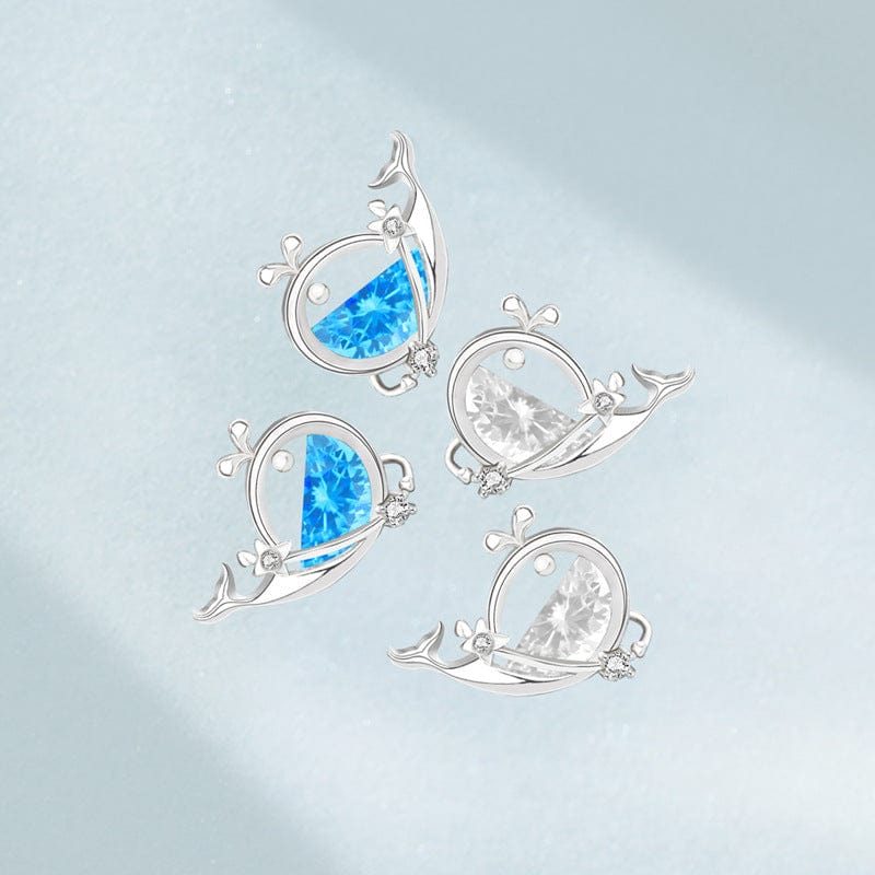 Silverbene earrings Clear Blue Zircon Whale Stud Earrings in 925 Sterling Silver & Rhodium Plating