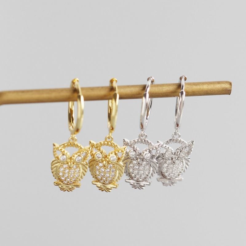 Silverbene earrings Rhodium Zircon Owl Hoop Earrings in 925 Sterling Silver & 18k Gold Plating