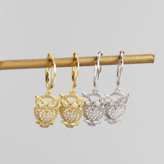 Silverbene earrings Rhodium Zircon Owl Hoop Earrings in 925 Sterling Silver & 18k Gold Plating