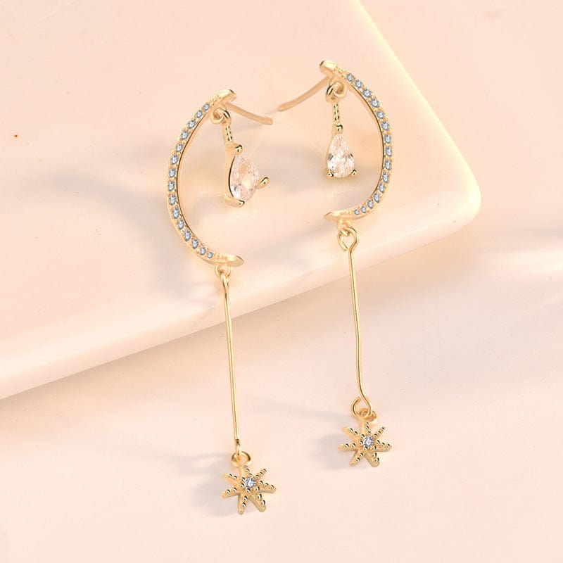 Silverbene Elegant CZ Crescent Moon Stars 925 Sterling Silver Dangling Earrings