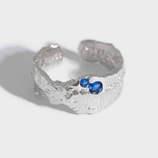 Silverbene Fashion Irregular Texture Blue CZ 925 Sterling Silver Adjustable Ring