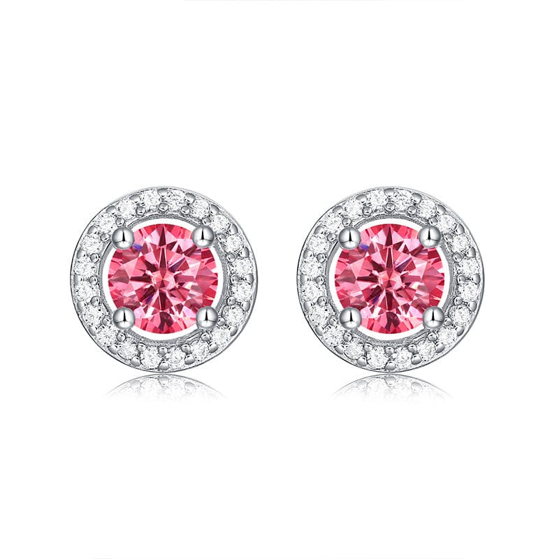 Silver Earrings Pink Round Moissanite 925 Sterling Silver Stud Earrings