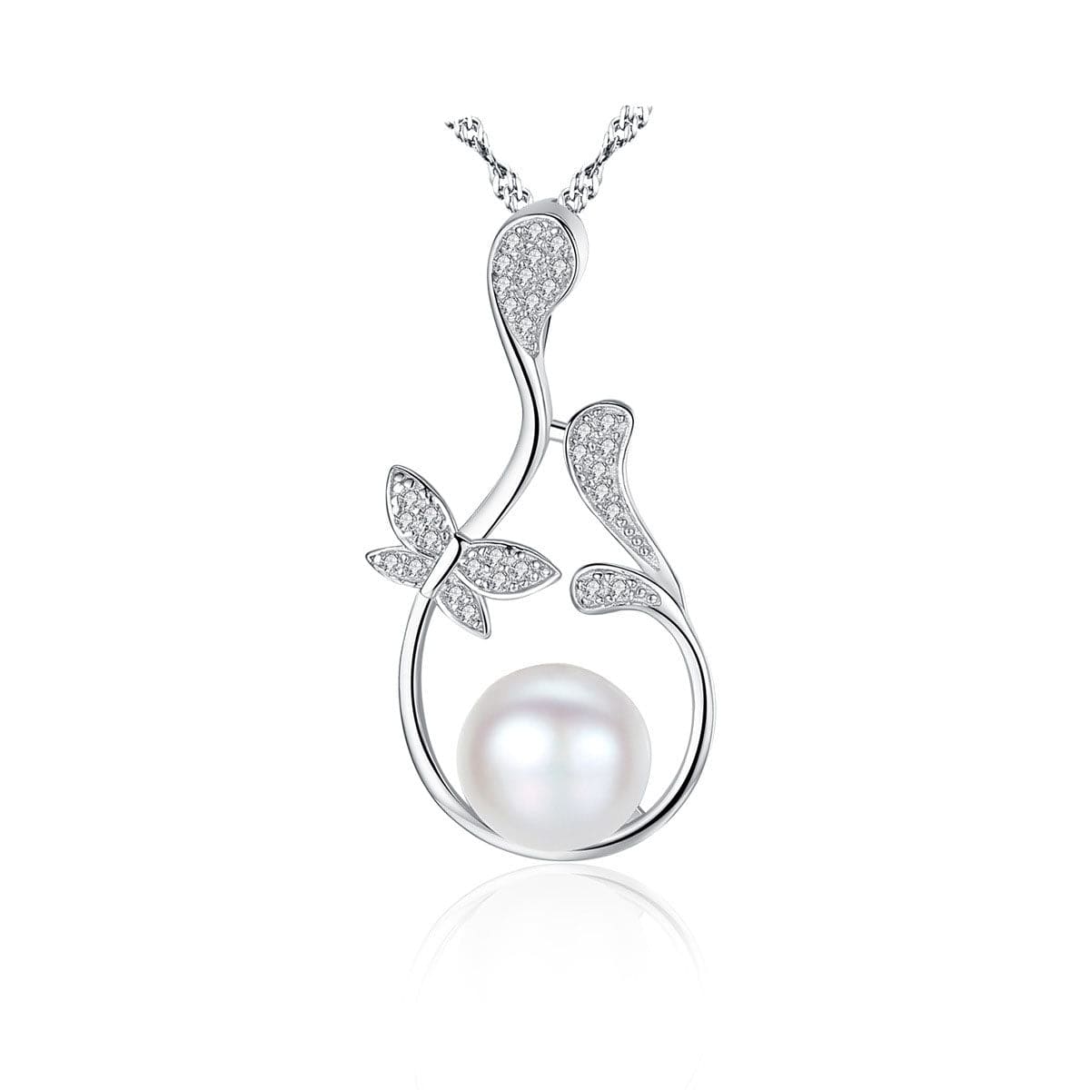 Silverbene Natural Pearl On CZ Flower Branch 925 Silver Necklace