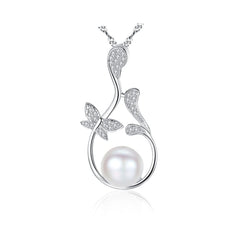 Silverbene Natural Pearl On CZ Flower Branch 925 Silver Necklace