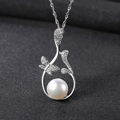 Silverbene Natural Pearl On CZ Flower Branch 925 Silver Necklace