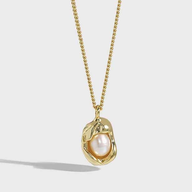 Silverbene necklace 18k Gold Engulfed Genuine Pearl Necklace in 925 Sterling Silver & 18k Gold Plating