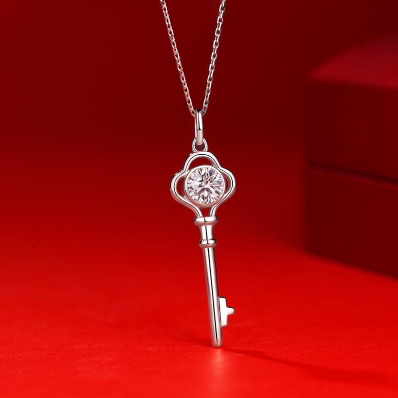 Silverbene necklace 1ct Moissanite Key Necklace in 925 Sterling Silver & Rhodium Plating