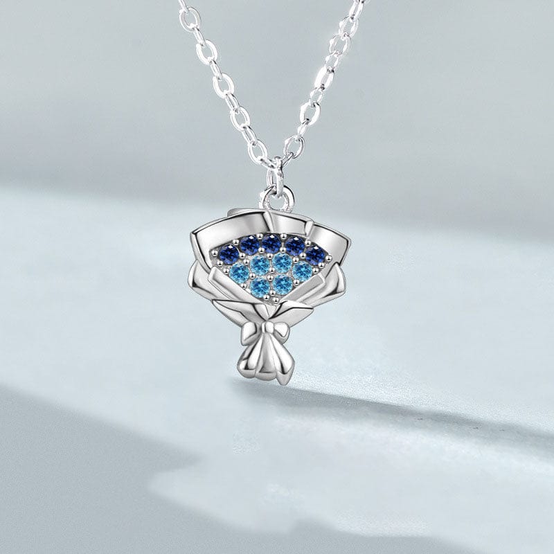 Silverbene necklace Blue Zircon Flower Bouquet Necklace in 925 Sterling Silver & Rhodium Plating