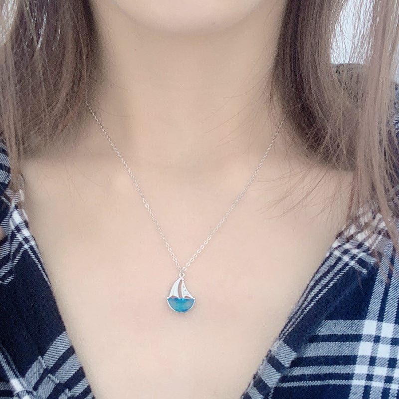 Silverbene necklace Blue Zircon Sailboat Necklace in 925 Sterling Silver & Rhodium Plating