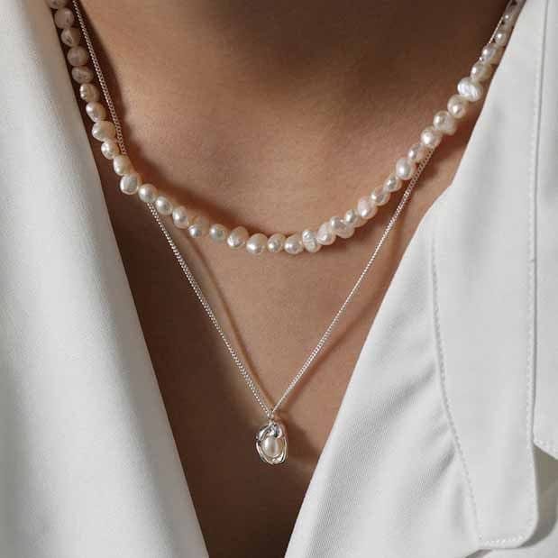 Silverbene necklace Engulfed Genuine Pearl Necklace in 925 Sterling Silver & 18k Gold Plating