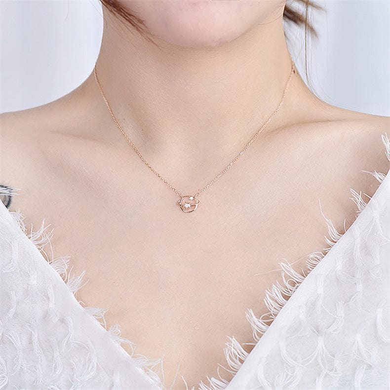 Silverbene necklace Zircon Star & Planet Necklace in 925 Sterling Silver Necklace & 18k Rose Gold Plating