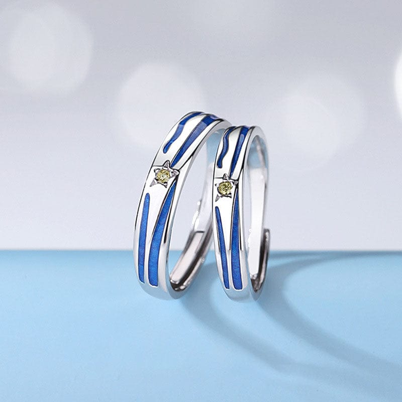 Silverbene New Auroral CZ Meteor Star 925 Sterling Silver Adjustable Promise Couple Ring