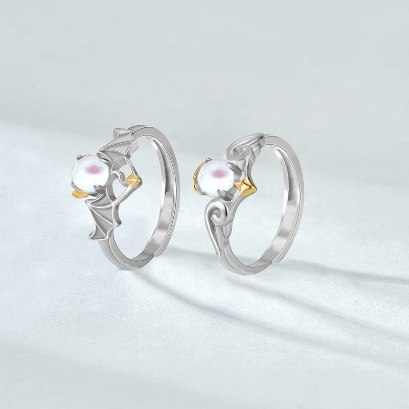 Silverbene Rhodium (A Pair) Modern Angels Devils Created Opal 925 Sterling Silver Adjustable Promise Ring