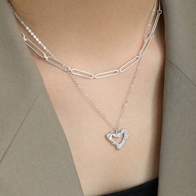 Silverbene Rhodium Anniversary Irregular Hollow Heart 925 Sterling Silver Necklace