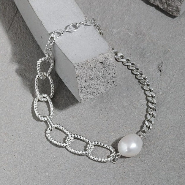 Silverbene Rhodium Asymmetry Chain Baroque Natural Pearl 925 Sterling Silver Bracelet