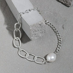 Silverbene Rhodium Asymmetry Chain Baroque Natural Pearl 925 Sterling Silver Bracelet