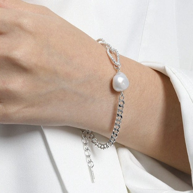 Silverbene Rhodium Asymmetry Chain Baroque Natural Pearl 925 Sterling Silver Bracelet