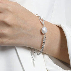 Silverbene Rhodium Asymmetry Chain Baroque Natural Pearl 925 Sterling Silver Bracelet