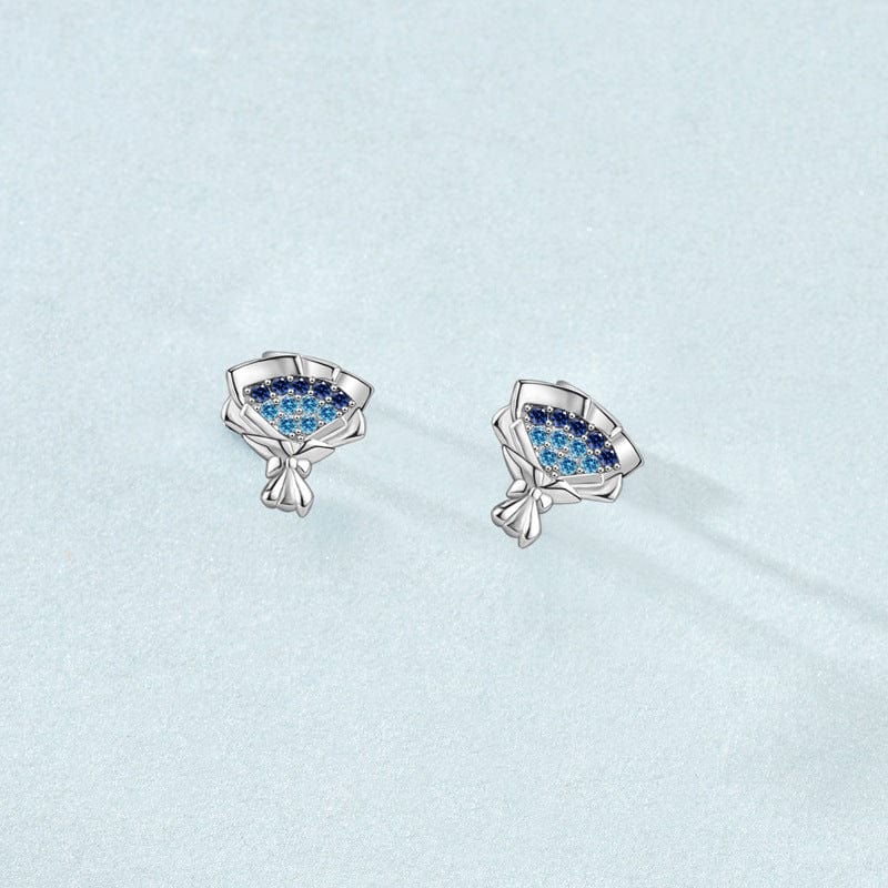 Silverbene Rhodium Women Blue CZ Rose Flower Bouquet 925 Sterling Silver Stud Earrings