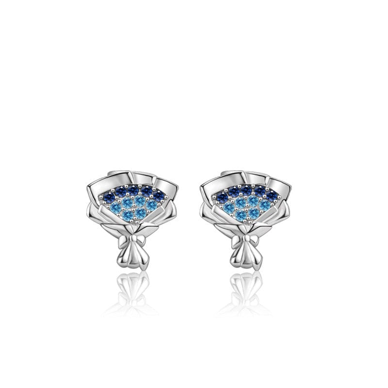 Silverbene Rhodium Women Blue CZ Rose Flower Bouquet 925 Sterling Silver Stud Earrings