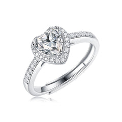 Silverbene ring 1ct. Moissanite Heart Adjustable Ring in 925 Sterling Silver & Rhodium Plating