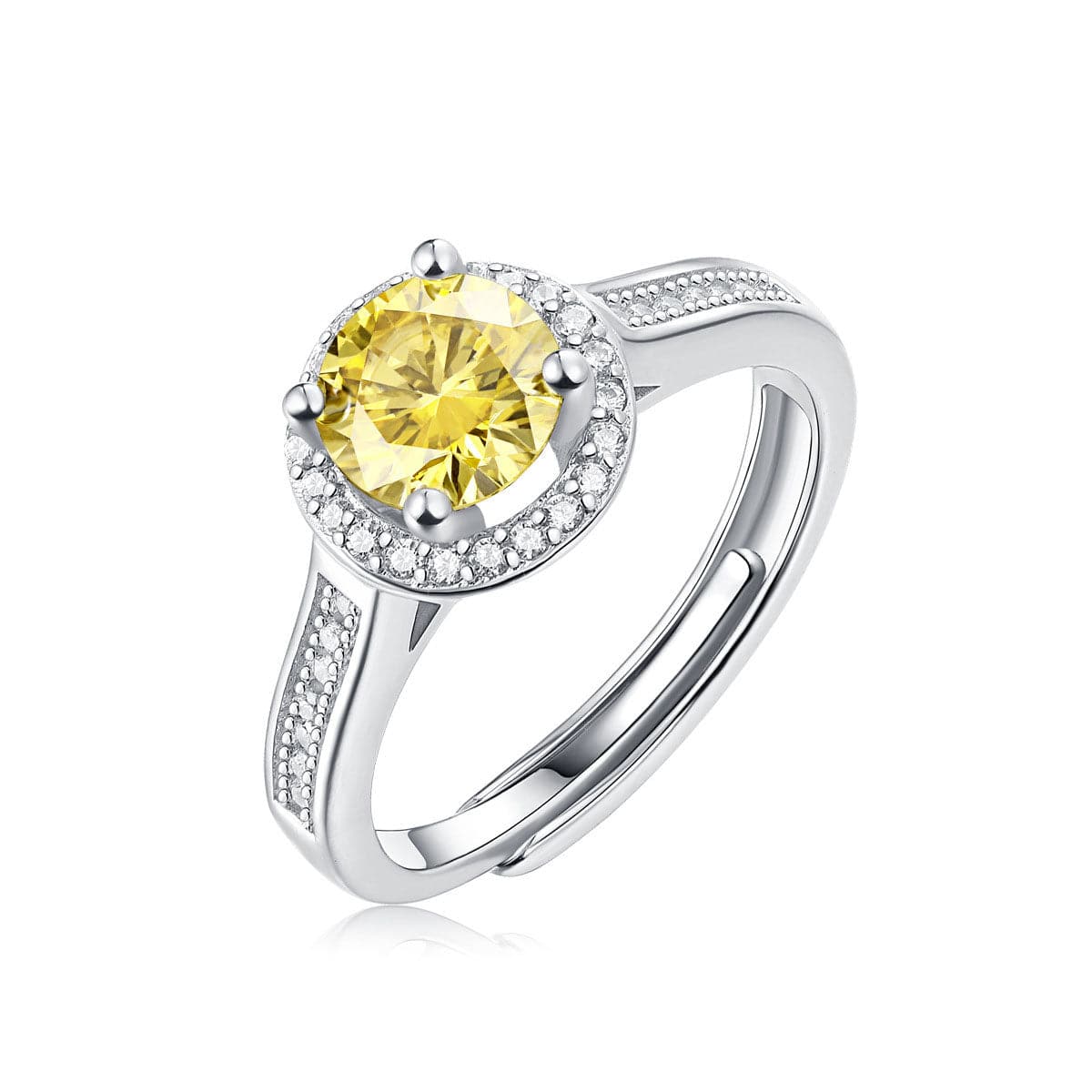 image of the 1ct Yellow Round Cut Moissanite Adjustable Ring in 925 Sterling Silver & Rhodium Plating tilted point of view