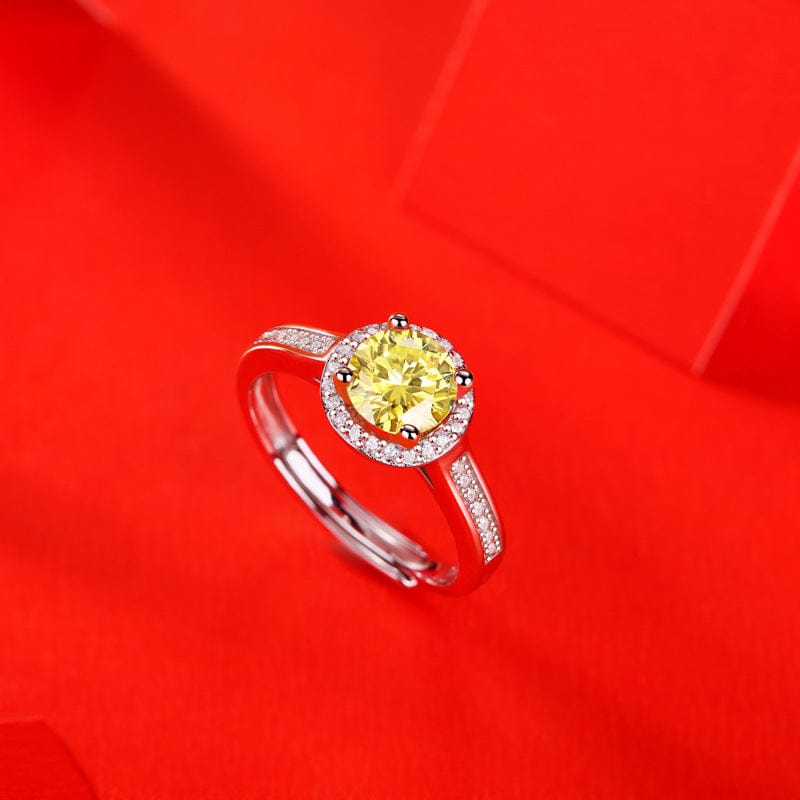 Silver ring 1ct Yellow Round Cut Moissanite Adjustable Ring in 925 Sterling Silver & Rhodium Plating