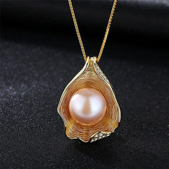 Silverbene Round Natural Pearl In CZ Shell 925 Silver Necklace