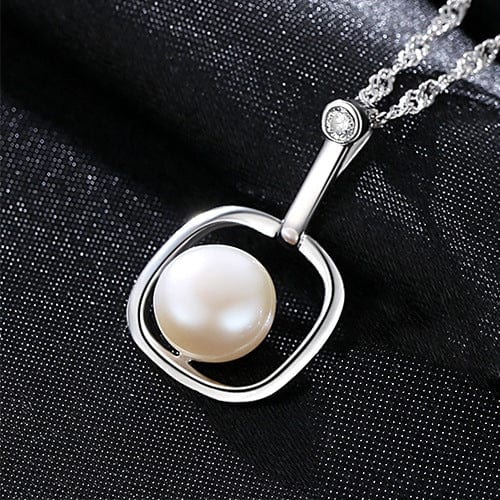 Silverbene Round Natural Pearl In Square 925 Silver Necklace