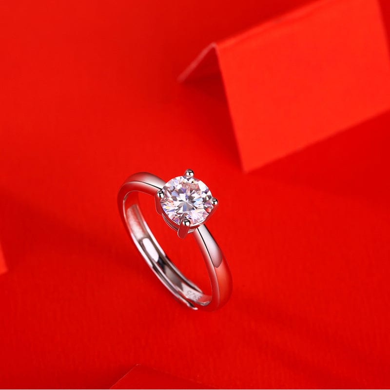 1ct Moissanite Simple Band Adjustable Engagement Ring in 925 Sterling Silver in a red background